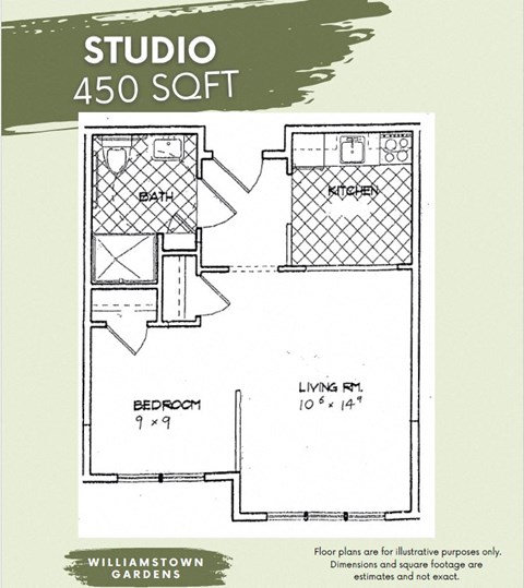 Floor plan for studio, 1 bath, 450 sqft